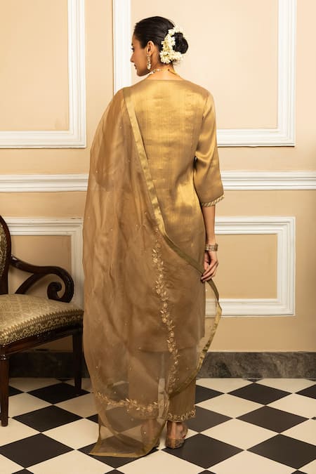 Shop Dohr India Gold Tissue, Silk, Organza Sequins, Suhani Zari Metallic Kurta Pant Set at Aza Fashions Shop_Dohr India_Gold Tissue, Silk, Organza Sequins, Suhani Zari Metallic Kurta Pant Set _at_Aza_Fashions