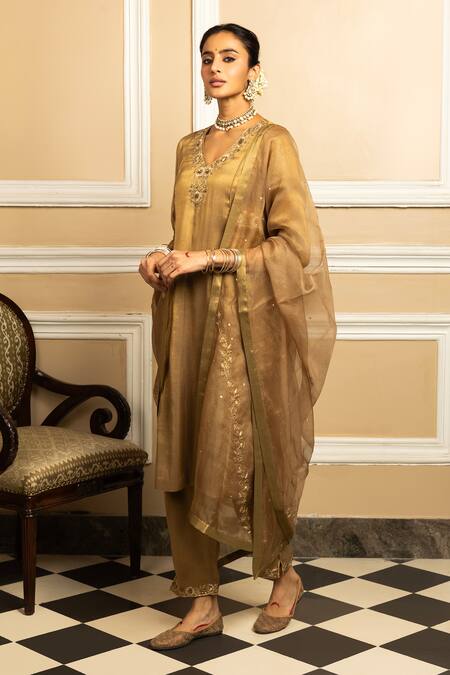 Dohr India Gold Tissue, Silk, Organza Sequins, Suhani Zari Metallic Kurta Pant Set Online at Aza Fashions Dohr India_Gold Tissue, Silk, Organza Sequins, Suhani Zari Metallic Kurta Pant Set _Online_at_Aza_Fashions