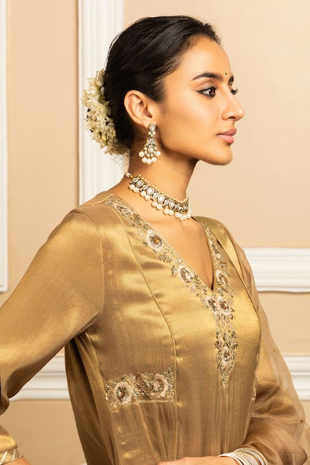 Shop Dohr India Gold Tissue, Silk, Organza Sequins, Suhani Zari Metallic Kurta Pant Set Online at Aza Fashions Shop_Dohr India_Gold Tissue, Silk, Organza Sequins, Suhani Zari Metallic Kurta Pant Set _Online_at_Aza_Fashions