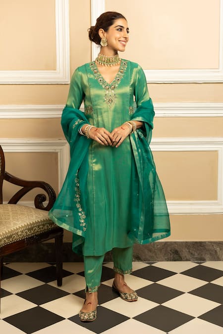 Dohr India Green Kurta And Pant Tissue Blend Embroidered Dabka Suhani Metallic Zari Set 