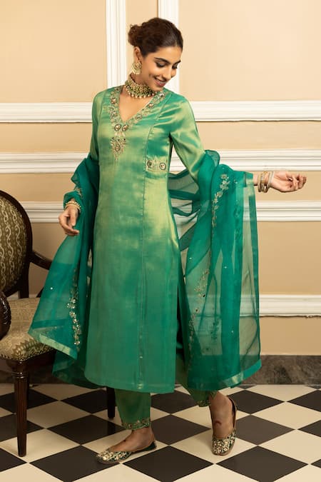 Dohr India_Green Tissue, Silk, Organza Sequins, Diamonds, Suhani Metallic Kurta Pant Set _Online_at_Aza_Fashions