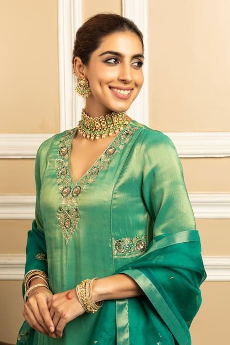 Buy_Dohr India_Green Tissue, Silk, Organza Sequins, Diamonds, Suhani Metallic Kurta Pant Set _Online_at_Aza_Fashions