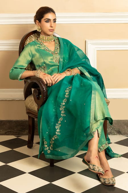 Shop_Dohr India_Green Tissue, Silk, Organza Sequins, Diamonds, Suhani Metallic Kurta Pant Set _Online_at_Aza_Fashions