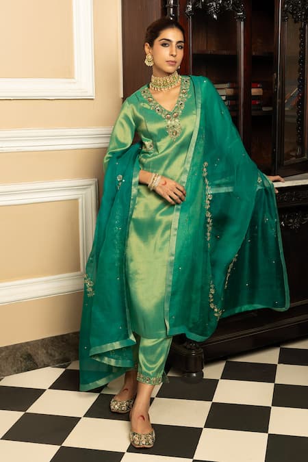 Dohr India_Green Tissue, Silk, Organza Sequins, Diamonds, Suhani Metallic Kurta Pant Set _at_Aza_Fashions