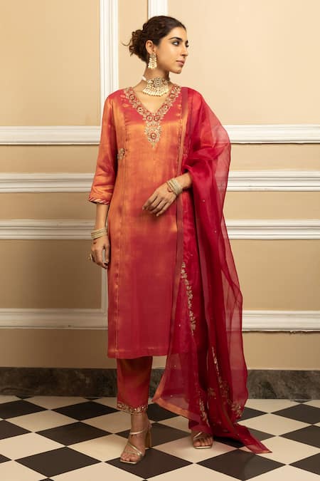 Dohr India Red Kurta And Pant Tissue Blend Embroidered Dabka V-neck Suhani Metallic Set 