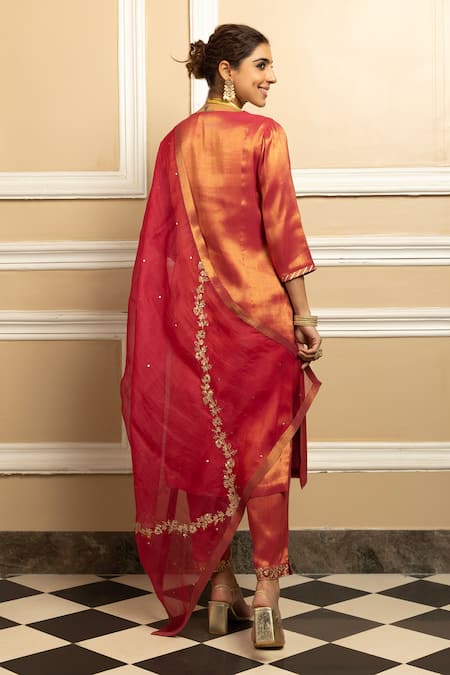 Shop Dohr India Red Tissue, Silk, Organza Sequins, Metallic Dabka Embroidered Kurta Pant Set at Aza Fashions Shop_Dohr India_Red Tissue, Silk, Organza Sequins, Metallic Dabka Embroidered Kurta Pant Set _at_Aza_Fashions