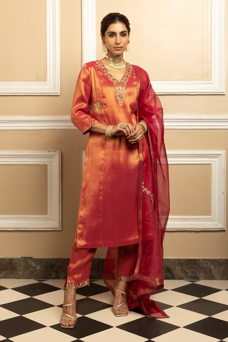 Dohr India Red Tissue, Silk, Organza Sequins, Metallic Dabka Embroidered Kurta Pant Set Online at Aza Fashions Dohr India_Red Tissue, Silk, Organza Sequins, Metallic Dabka Embroidered Kurta Pant Set _Online_at_Aza_Fashions