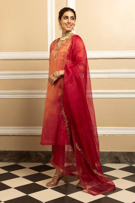 Buy Dohr India Red Tissue, Silk, Organza Sequins, Metallic Dabka Embroidered Kurta Pant Set Online at Aza Fashions Buy_Dohr India_Red Tissue, Silk, Organza Sequins, Metallic Dabka Embroidered Kurta Pant Set _Online_at_Aza_Fashions