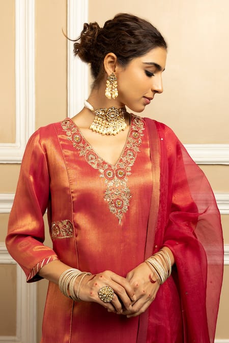 Shop Dohr India Red Tissue, Silk, Organza Sequins, Metallic Dabka Embroidered Kurta Pant Set Online at Aza Fashions Shop_Dohr India_Red Tissue, Silk, Organza Sequins, Metallic Dabka Embroidered Kurta Pant Set _Online_at_Aza_Fashions