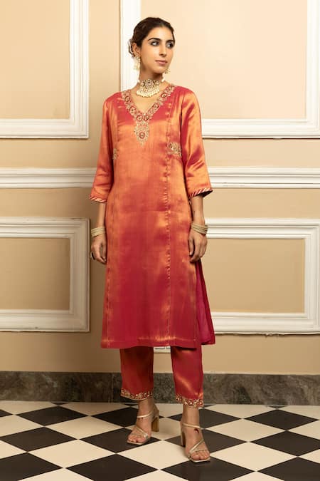 Dohr India Red Tissue, Silk, Organza Sequins, Metallic Dabka Embroidered Kurta Pant Set at Aza Fashions Dohr India_Red Tissue, Silk, Organza Sequins, Metallic Dabka Embroidered Kurta Pant Set _at_Aza_Fashions