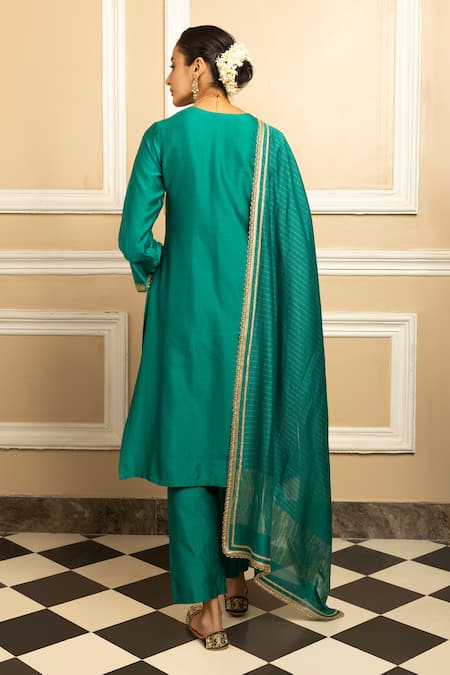 Shop_Dohr India_Green , Cotton, Organza Embroidery, Gota Patti, Floral Kurta Pant Set _at_Aza_Fashions
