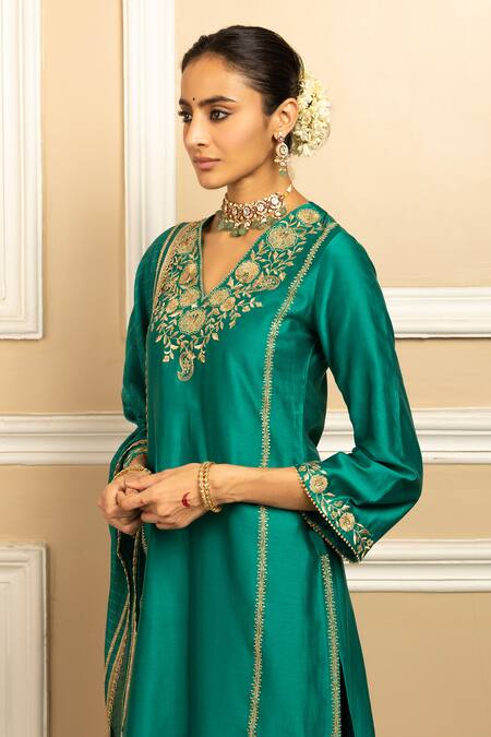 Shop_Dohr India_Green , Cotton, Organza Embroidery, Gota Patti, Floral Kurta Pant Set _Online_at_Aza_Fashions