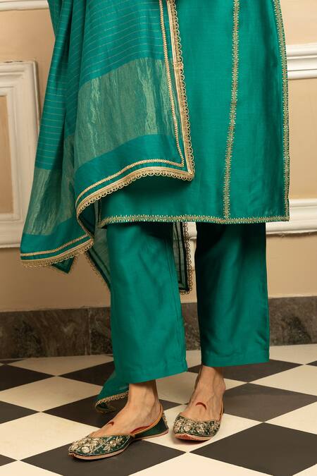 Dohr India_Green , Cotton, Organza Embroidery, Gota Patti, Floral Kurta Pant Set _at_Aza_Fashions