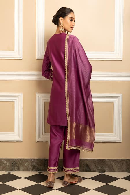 Shop Dohr India Purple , Cotton, Organza Embroidered Floral Vine Kurta Pant Set at Aza Fashions Shop_Dohr India_Purple , Cotton, Organza Embroidered Floral Vine Kurta Pant Set _at_Aza_Fashions