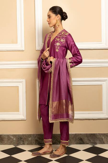 Dohr India Purple , Cotton, Organza Embroidered Floral Vine Kurta Pant Set Online at Aza Fashions Dohr India_Purple , Cotton, Organza Embroidered Floral Vine Kurta Pant Set _Online_at_Aza_Fashions