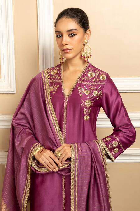 Buy Dohr India Purple , Cotton, Organza Embroidered Floral Vine Kurta Pant Set Online at Aza Fashions Buy_Dohr India_Purple , Cotton, Organza Embroidered Floral Vine Kurta Pant Set _Online_at_Aza_Fashions