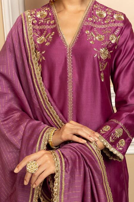 Shop Dohr India Purple , Cotton, Organza Embroidered Floral Vine Kurta Pant Set Online at Aza Fashions Shop_Dohr India_Purple , Cotton, Organza Embroidered Floral Vine Kurta Pant Set _Online_at_Aza_Fashions