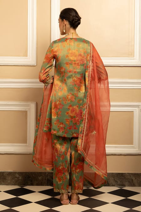 Shop_Dohr India_Green Tissue, Silk , Gulbahar Floral Print Kurta Salwar Set _at_Aza_Fashions