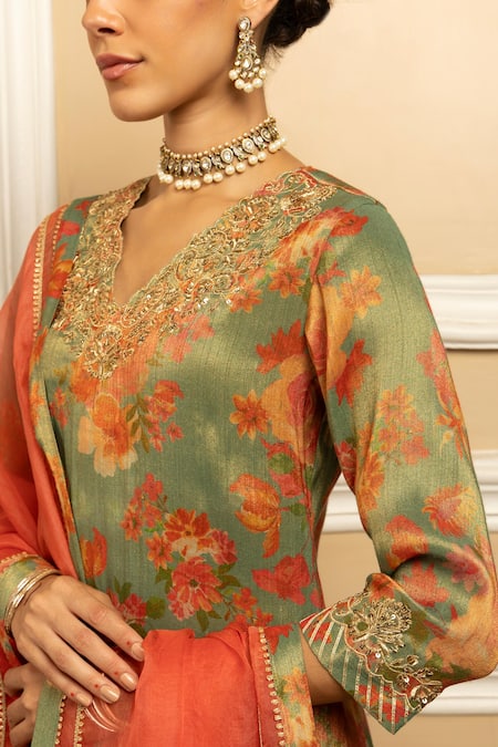 Dohr India_Green Tissue, Silk , Gulbahar Floral Print Kurta Salwar Set _Online_at_Aza_Fashions