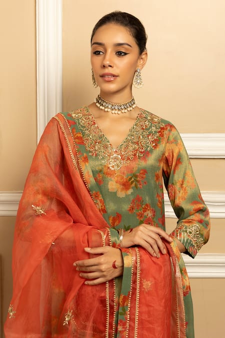 Buy_Dohr India_Green Tissue, Silk , Gulbahar Floral Print Kurta Salwar Set _Online_at_Aza_Fashions