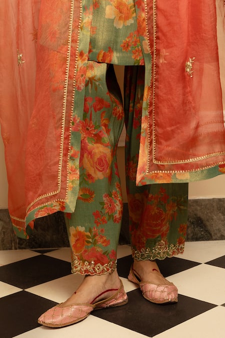 Shop_Dohr India_Green Tissue, Silk , Gulbahar Floral Print Kurta Salwar Set _Online_at_Aza_Fashions