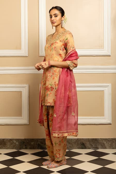 Dohr India Beige Tissue, Silk, Organza Embroidery, Gulbahar Blossom Print Kurta Salwar Set Online at Aza Fashions Dohr India_Beige Tissue, Silk, Organza Embroidery, Gulbahar Blossom Print Kurta Salwar Set _Online_at_Aza_Fashions