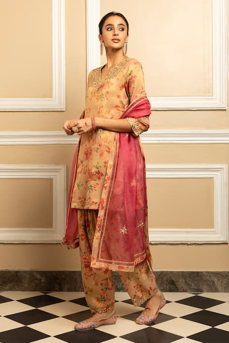 Buy Dohr India Beige Tissue, Silk, Organza Embroidery, Gulbahar Blossom Print Kurta Salwar Set Online at Aza Fashions Buy_Dohr India_Beige Tissue, Silk, Organza Embroidery, Gulbahar Blossom Print Kurta Salwar Set _Online_at_Aza_Fashions