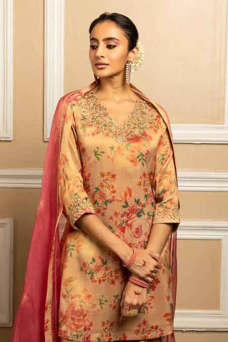Shop Dohr India Beige Tissue, Silk, Organza Embroidery, Gulbahar Blossom Print Kurta Salwar Set Online at Aza Fashions Shop_Dohr India_Beige Tissue, Silk, Organza Embroidery, Gulbahar Blossom Print Kurta Salwar Set _Online_at_Aza_Fashions