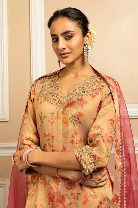 Dohr India Beige Tissue, Silk, Organza Embroidery, Gulbahar Blossom Print Kurta Salwar Set at Aza Fashions Dohr India_Beige Tissue, Silk, Organza Embroidery, Gulbahar Blossom Print Kurta Salwar Set _at_Aza_Fashions