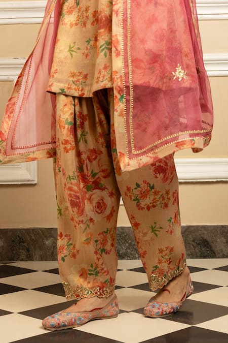 Buy Dohr India Beige Tissue, Silk, Organza Embroidery, Gulbahar Blossom Print Kurta Salwar Set Buy_Dohr India_Beige Tissue, Silk, Organza Embroidery, Gulbahar Blossom Print Kurta Salwar Set