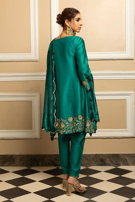 Shop_Dohr India_Green Silk Organza, Velvet, Chanderi Sequins, Placed Floral Kurta Pant Set _at_Aza_Fashions