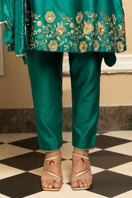 Shop_Dohr India_Green Silk Organza, Velvet, Chanderi Sequins, Placed Floral Kurta Pant Set _Online_at_Aza_Fashions