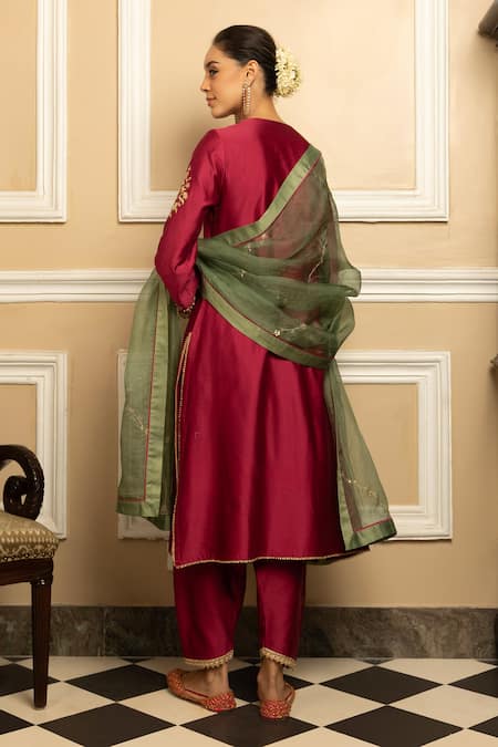 Shop_Dohr India_Wine Silk, Chanderi, Organza Sequins, Zari, Naaz Floral Butti Kurta Pant Set _at_Aza_Fashions