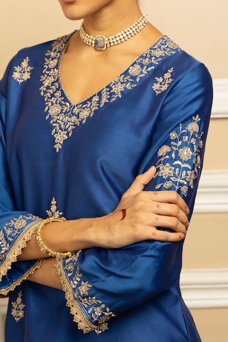 Buy_Dohr India_Blue Silk, Chanderi, Organza Embroidery, Naaz Flower Butti Kurta Pant Set _Online_at_Aza_Fashions