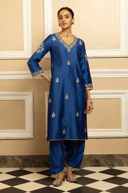 Buy_Dohr India_Blue Silk, Chanderi, Organza Embroidery, Naaz Flower Butti Kurta Pant Set 