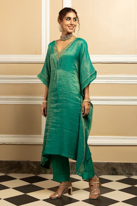 Dohr India_Green Tissue, Chanderi Sequins, Zari V-neck Embroidered Kaftan With Pant _Online_at_Aza_Fashions