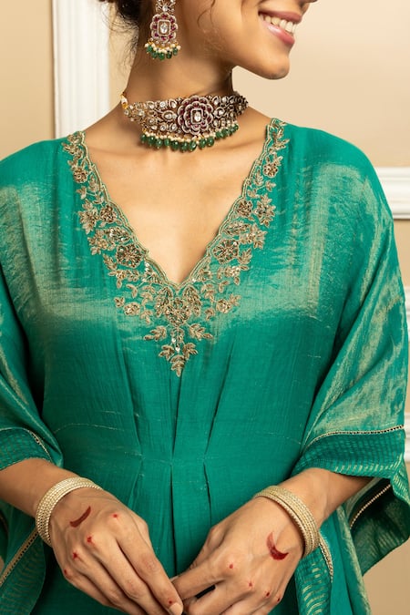 Buy_Dohr India_Green Tissue, Chanderi Sequins, Zari V-neck Embroidered Kaftan With Pant _Online_at_Aza_Fashions