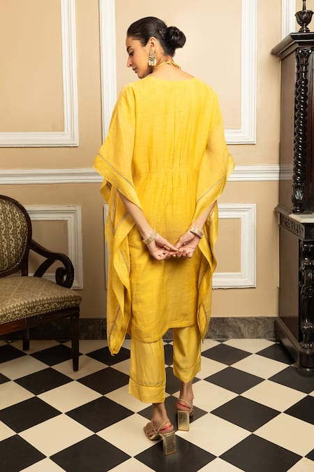 Shop Dohr India Yellow Tissue, Chanderi Sequins, Zari Placement Embroidered Kaftan With Pant at Aza Fashions Shop_Dohr India_Yellow Tissue, Chanderi Sequins, Zari Placement Embroidered Kaftan With Pant _at_Aza_Fashions
