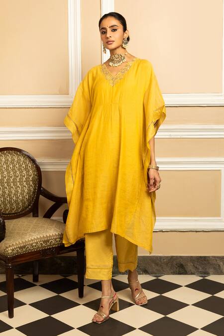 Dohr India Yellow Tissue, Chanderi Sequins, Zari Placement Embroidered Kaftan With Pant Online at Aza Fashions Dohr India_Yellow Tissue, Chanderi Sequins, Zari Placement Embroidered Kaftan With Pant _Online_at_Aza_Fashions
