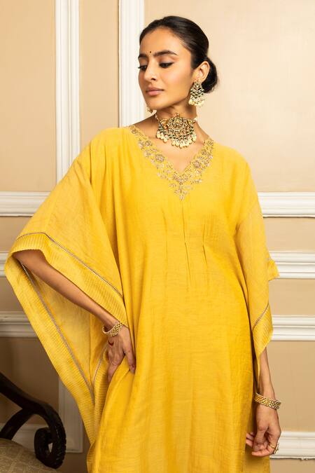 Buy Dohr India Yellow Tissue, Chanderi Sequins, Zari Placement Embroidered Kaftan With Pant Online at Aza Fashions Buy_Dohr India_Yellow Tissue, Chanderi Sequins, Zari Placement Embroidered Kaftan With Pant _Online_at_Aza_Fashions