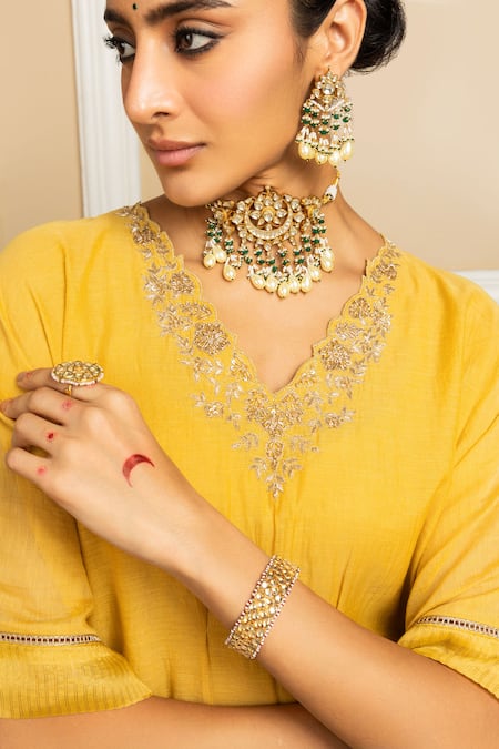 Shop Dohr India Yellow Tissue, Chanderi Sequins, Zari Placement Embroidered Kaftan With Pant Online at Aza Fashions Shop_Dohr India_Yellow Tissue, Chanderi Sequins, Zari Placement Embroidered Kaftan With Pant _Online_at_Aza_Fashions