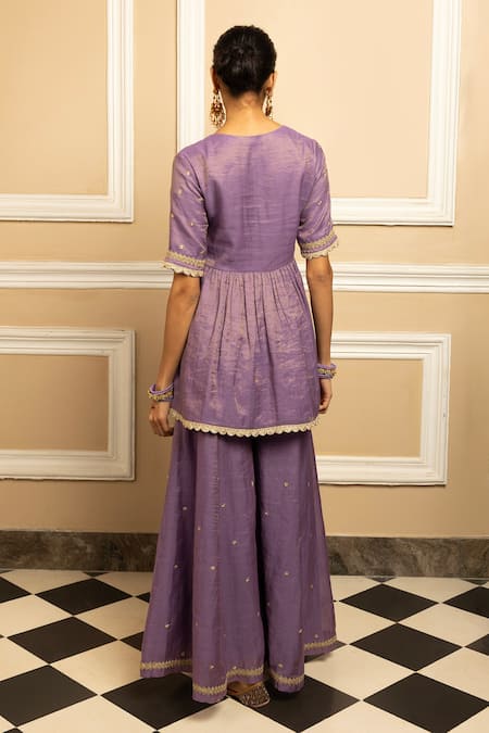 Shop Dohr India Purple Tissue, Chanderi, Organza Floral Embroidered Yoke Kurta Sharara Set at Aza Fashions Shop_Dohr India_Purple Tissue, Chanderi, Organza Floral Embroidered Yoke Kurta Sharara Set _at_Aza_Fashions