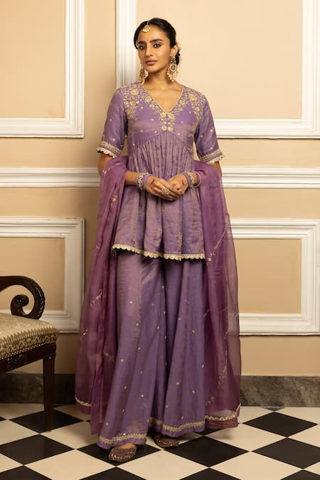Dohr India Purple Tissue, Chanderi, Organza Floral Embroidered Yoke Kurta Sharara Set Online at Aza Fashions Dohr India_Purple Tissue, Chanderi, Organza Floral Embroidered Yoke Kurta Sharara Set _Online_at_Aza_Fashions