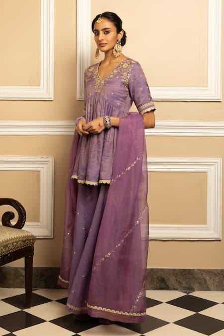 Buy Dohr India Purple Tissue, Chanderi, Organza Floral Embroidered Yoke Kurta Sharara Set Online at Aza Fashions Buy_Dohr India_Purple Tissue, Chanderi, Organza Floral Embroidered Yoke Kurta Sharara Set _Online_at_Aza_Fashions