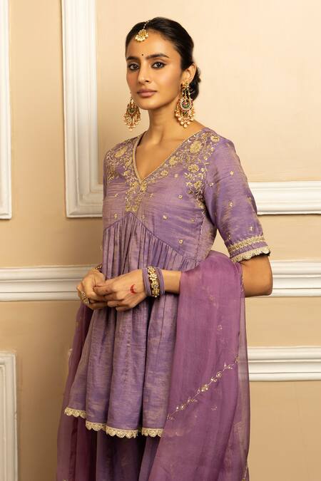 Shop Dohr India Purple Tissue, Chanderi, Organza Floral Embroidered Yoke Kurta Sharara Set Online at Aza Fashions Shop_Dohr India_Purple Tissue, Chanderi, Organza Floral Embroidered Yoke Kurta Sharara Set _Online_at_Aza_Fashions