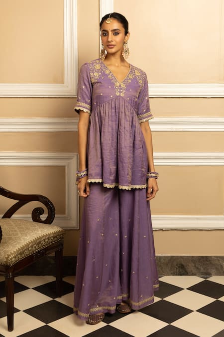 Dohr India Purple Tissue, Chanderi, Organza Floral Embroidered Yoke Kurta Sharara Set at Aza Fashions Dohr India_Purple Tissue, Chanderi, Organza Floral Embroidered Yoke Kurta Sharara Set _at_Aza_Fashions