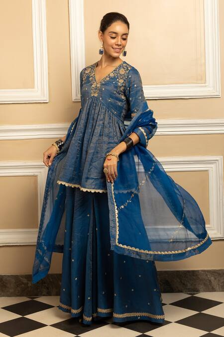 Dohr India Blue Tissue, Chanderi, Organza Embroidery, Flower Yoke Kurta Sharara Set Online at Aza Fashions Dohr India_Blue Tissue, Chanderi, Organza Embroidery, Flower Yoke Kurta Sharara Set _Online_at_Aza_Fashions