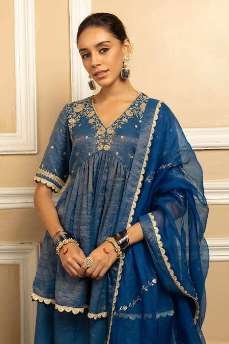 Buy Dohr India Blue Tissue, Chanderi, Organza Embroidery, Flower Yoke Kurta Sharara Set Online at Aza Fashions Buy_Dohr India_Blue Tissue, Chanderi, Organza Embroidery, Flower Yoke Kurta Sharara Set _Online_at_Aza_Fashions