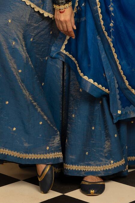 Shop Dohr India Blue Tissue, Chanderi, Organza Embroidery, Flower Yoke Kurta Sharara Set Online at Aza Fashions Shop_Dohr India_Blue Tissue, Chanderi, Organza Embroidery, Flower Yoke Kurta Sharara Set _Online_at_Aza_Fashions