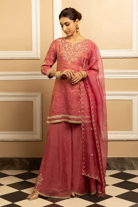 Dohr India Pink Tissue Chanderi 48% Cotton 44% Metallised Fibre 8% Noor Kurta Sharara Set 